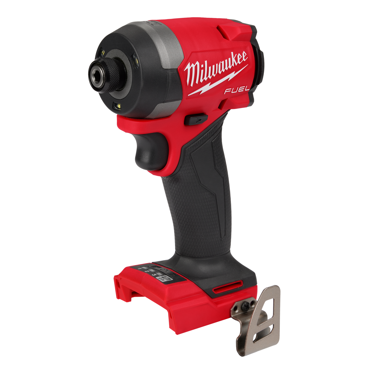 Compact red and black cordless impact driver with textured grip and metal belt clip for tools and home improvement use