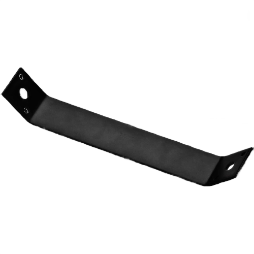 Black steel strap brace with angled design and bolt clearance holes for building hardware and lumber support applications