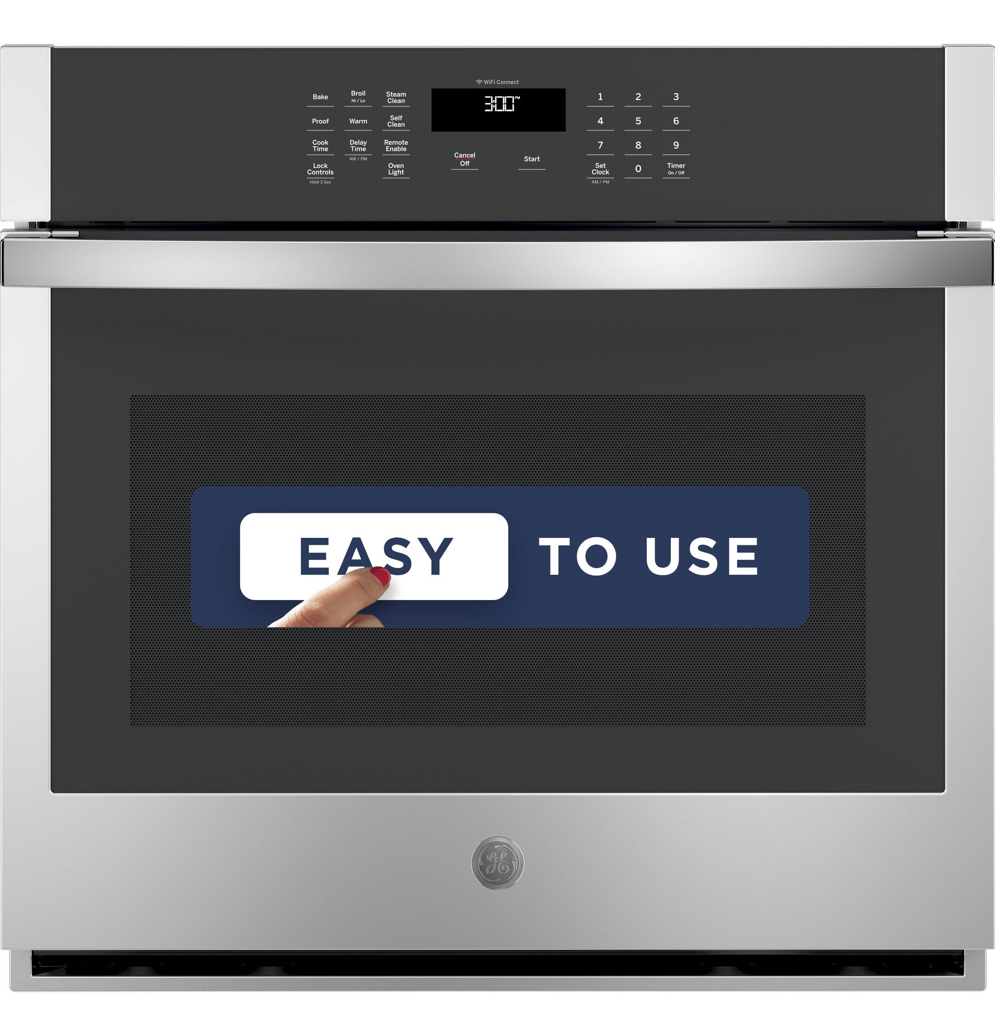 Front view of stainless steel smart built-in wall oven with digital touch controls and easy-to-use display panel