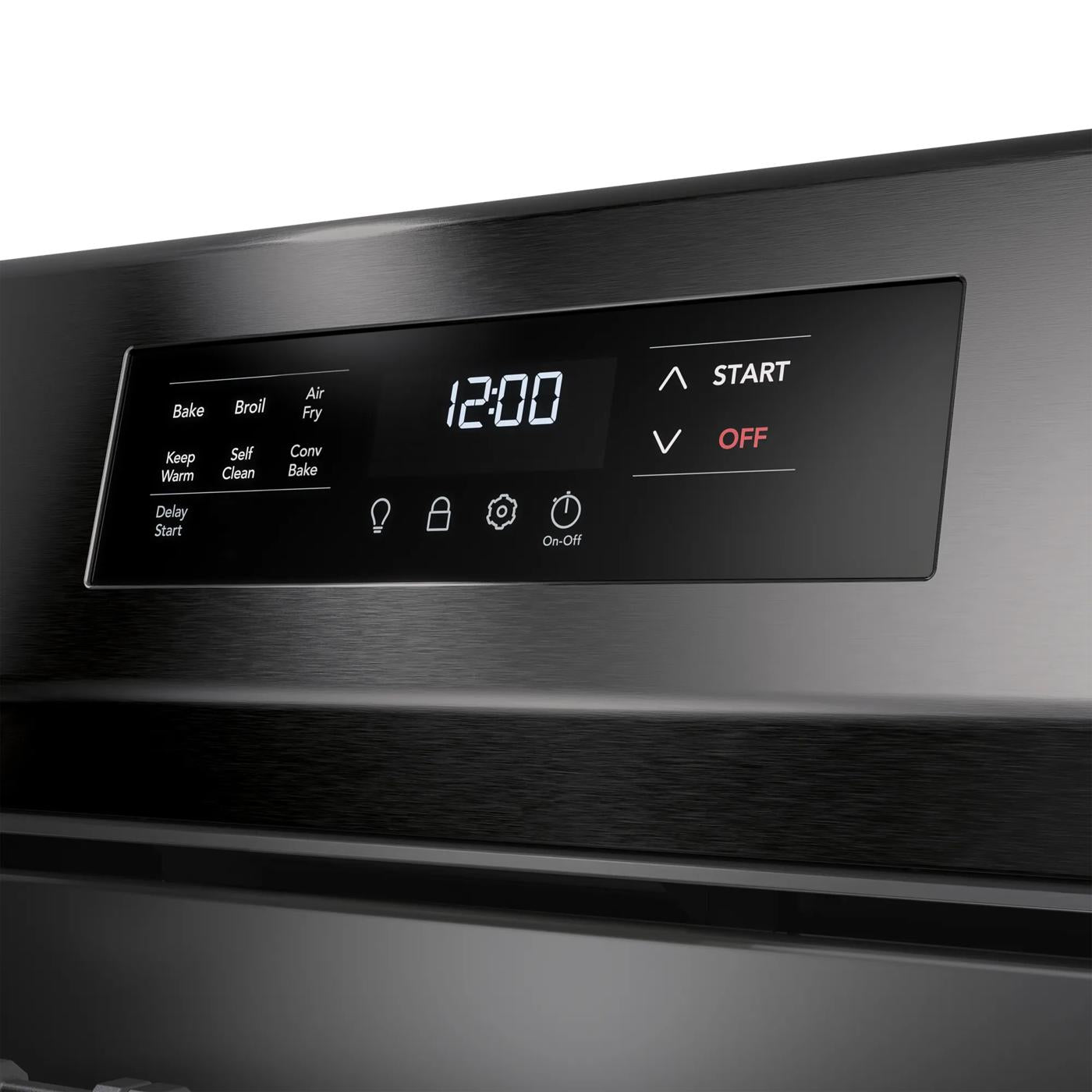 Digital control panel on stainless steel gas range featuring bake, broil, air fry, and self-clean settings from ranges collection