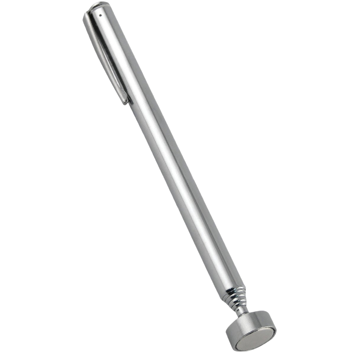 Silver handheld magnet pickup tool with clip for retrieving metal objects in hardware and tools collections