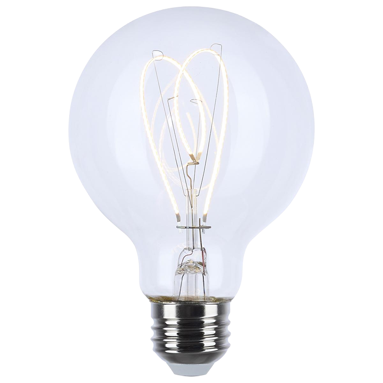 Clear G25 LED light bulb with visible filament and medium base for energy-efficient lighting in home improvement settings