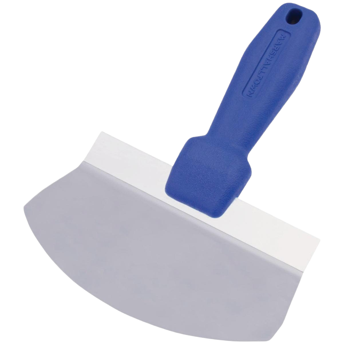 Stainless steel bucket scoop with ergonomic blue handle designed for efficient home improvement tool use