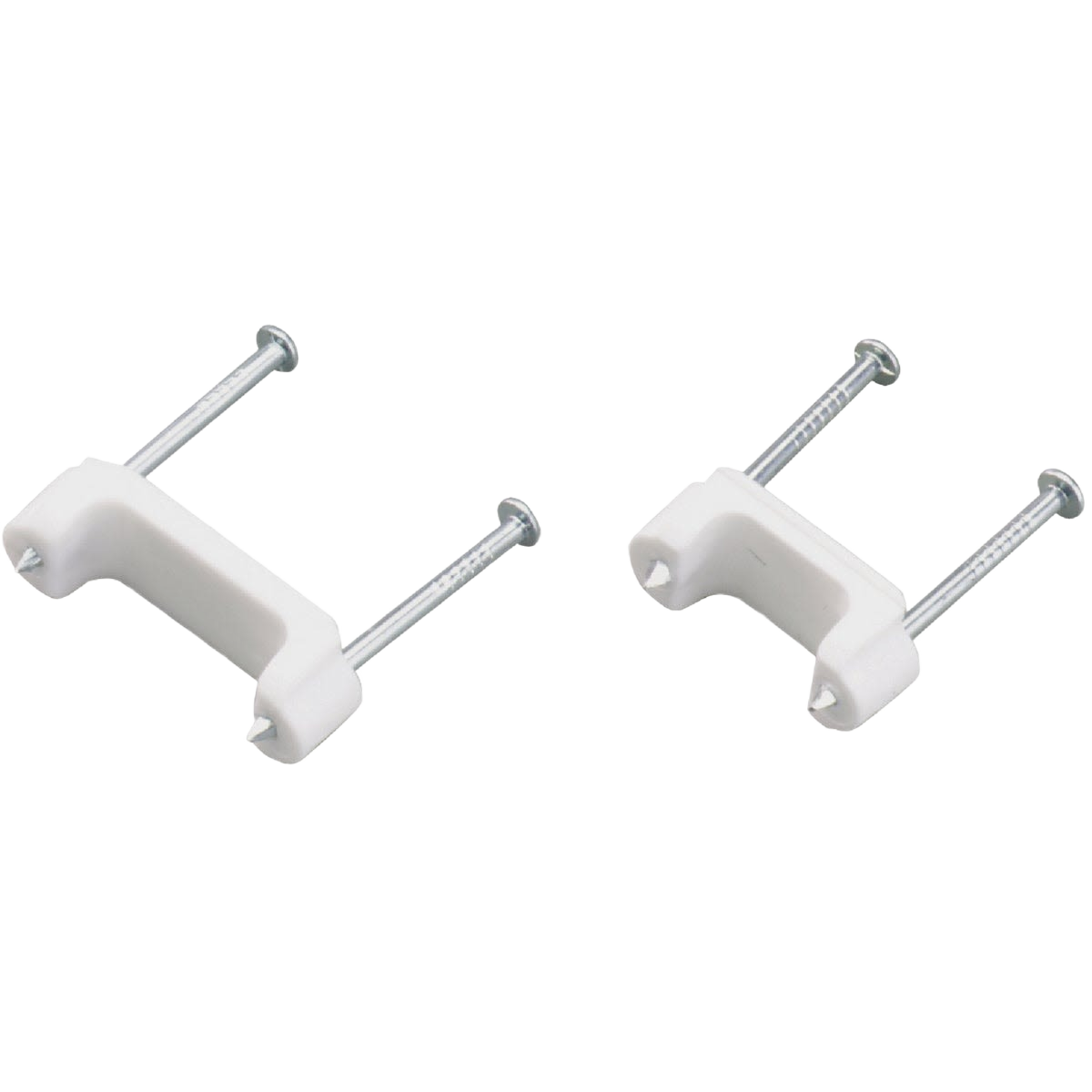 Two white insulated cable staples with attached metal nails for securing electrical wiring in home improvement collections