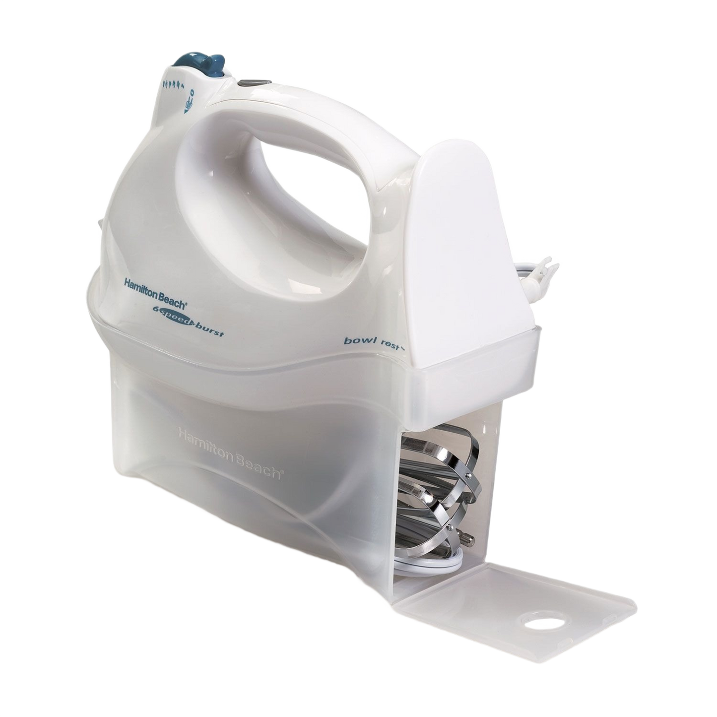 White six-speed hand mixer with snap-on storage case for kitchen gadgets and small appliances collections
