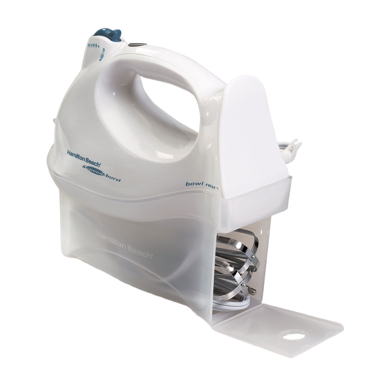 White six-speed hand mixer with snap-on storage case for kitchen gadgets and small appliances collections