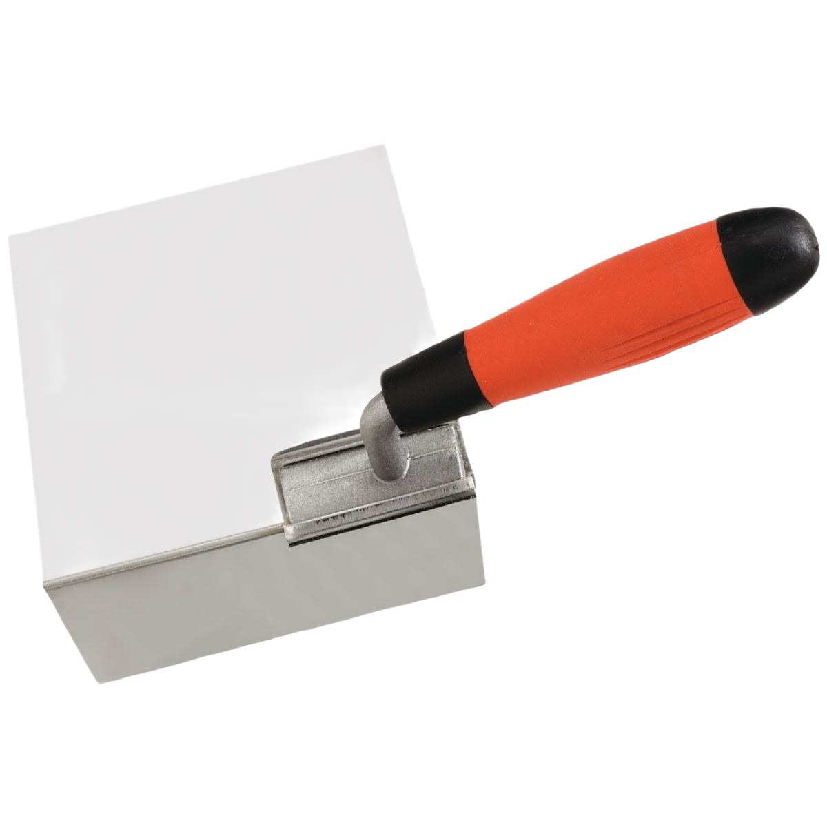 Outside corner trowel with a red rubber grip handle for applying and smoothing plaster in home improvement tasks
