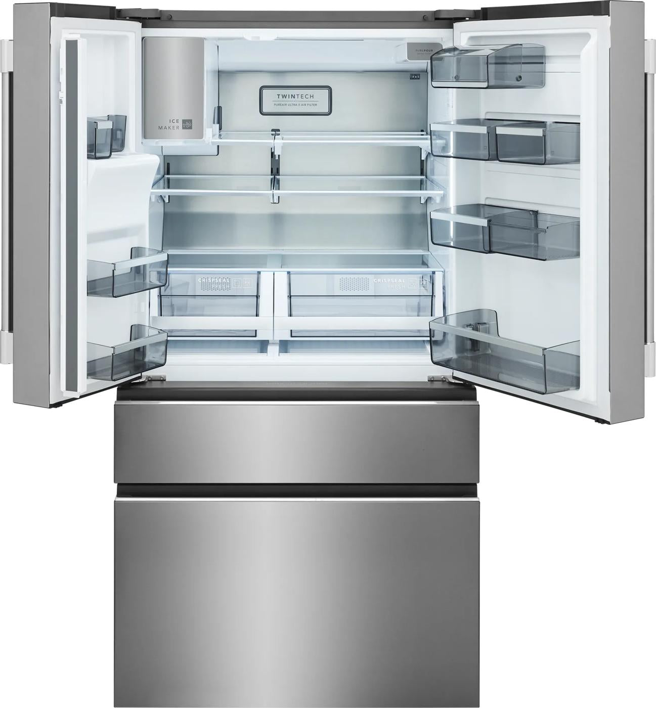 Open stainless steel four-door French door refrigerator showing multiple spacious shelves, door bins, and two lower freezer drawers for Refrigerators, French Door Refrigerators, Kitchen & Kitchenware, Appliances collections.