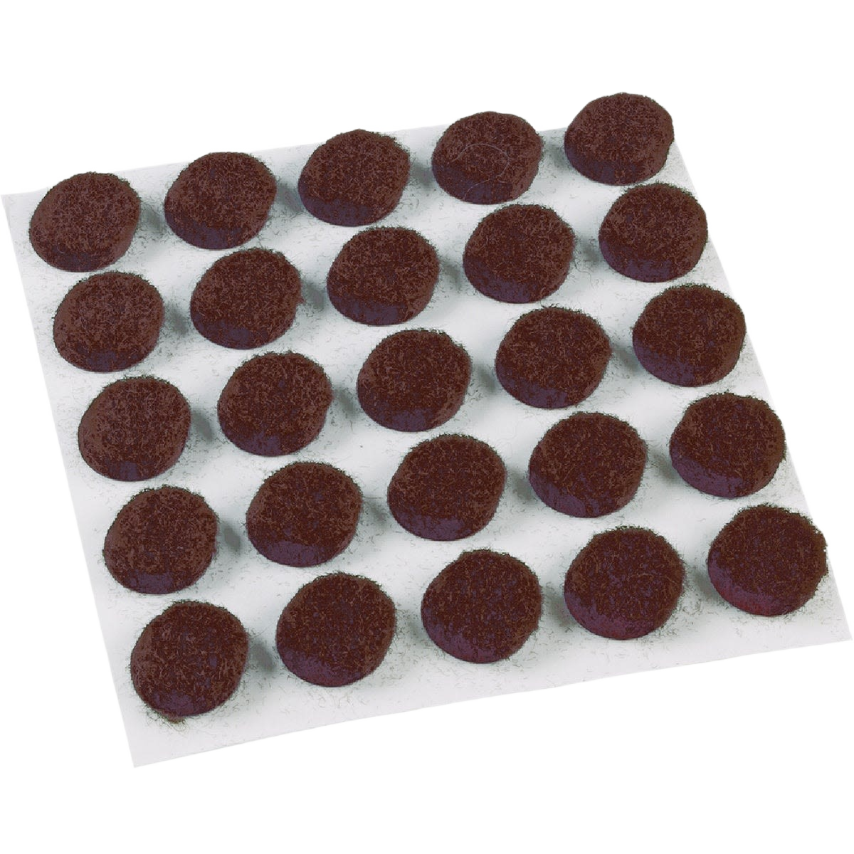 Brown round adhesive felt pads on backing sheet for furniture protection in hardware and furniture accessories collections