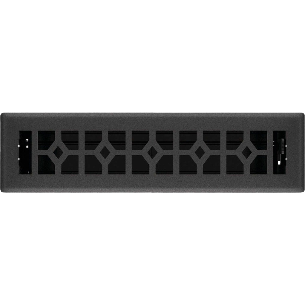 Black iron steel floor register with decorative geometric grille for home improvement and ventilation use
