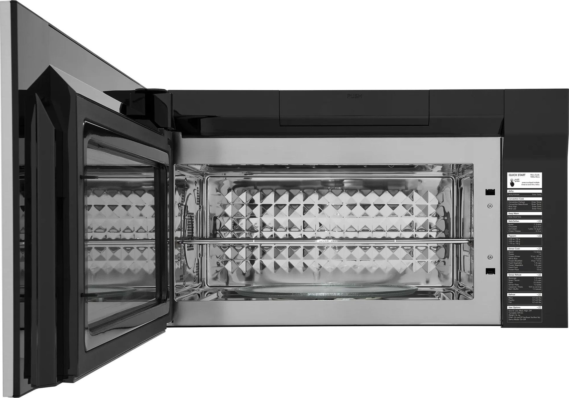 Open stainless steel microwave with air fry rack and reflective interior from Microwaves collection