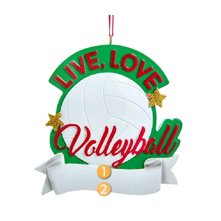 Christmas ornament featuring white volleyball with red "Live, Love Volleyball" text and green star accents for tree decoration