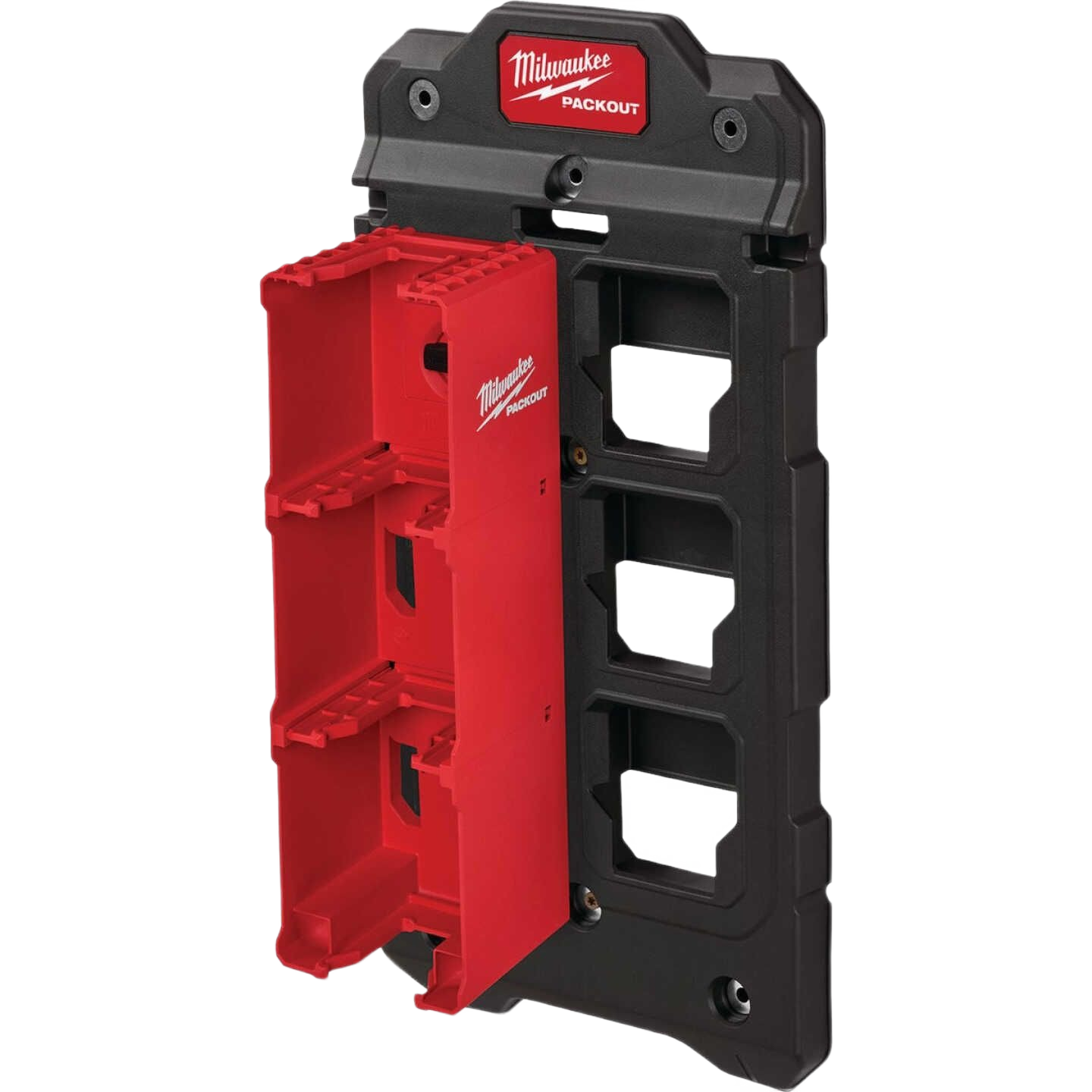 Compact red and black modular storage rack for organizing and securely mounting rechargeable tool batteries in workshops