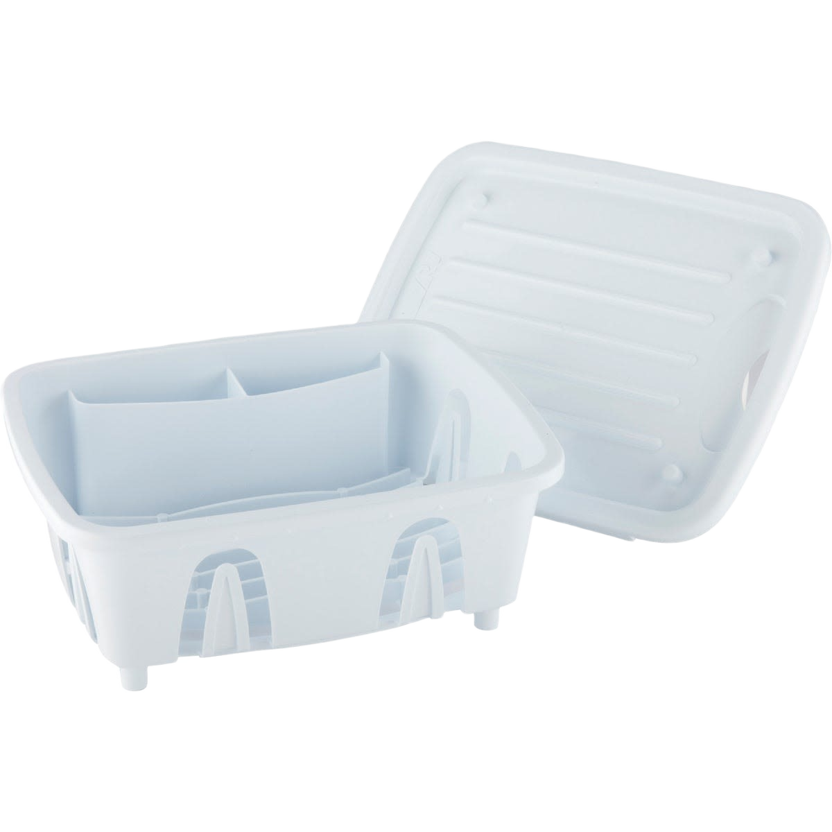 White heavy-duty plastic dish drainer with lid for compact kitchen sink organization and storage under $50 collections
