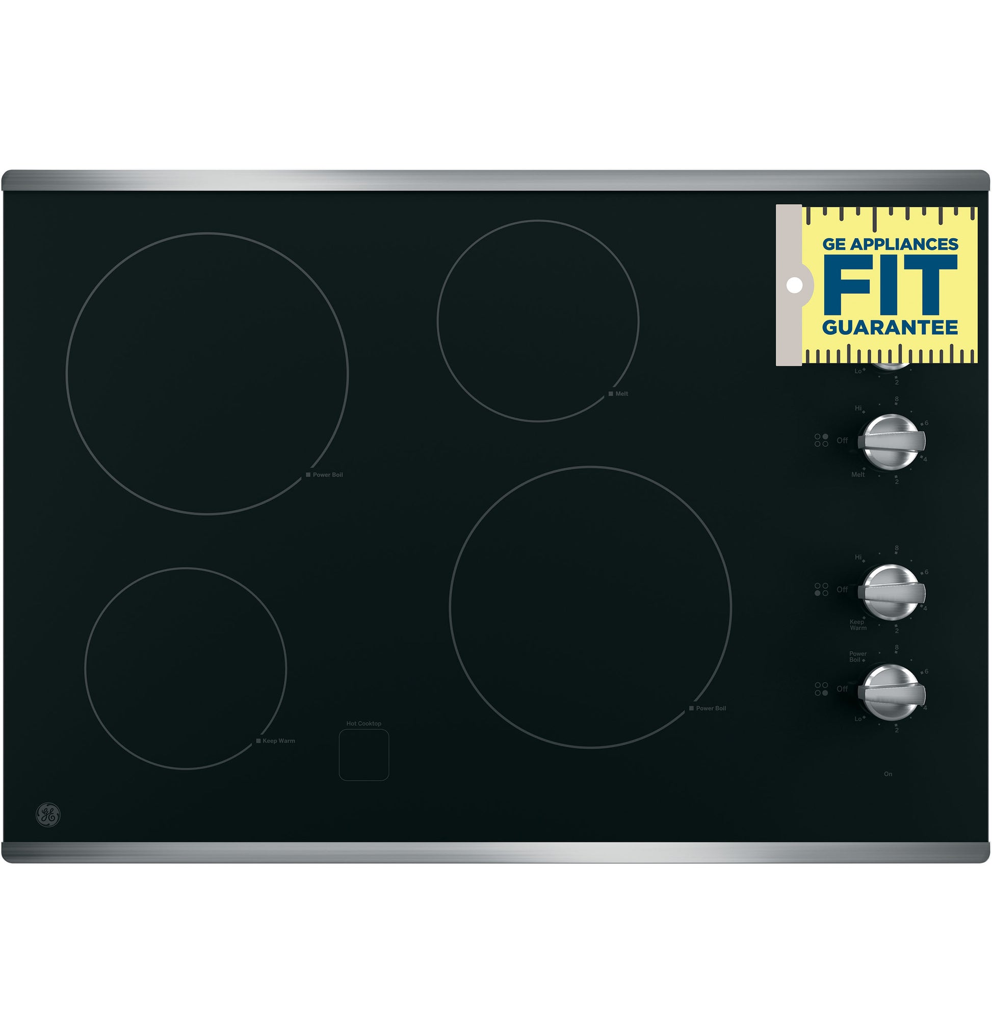 Black electric cooktop with four heating elements and three stainless steel knob controls from Appliances and Cooktops collections