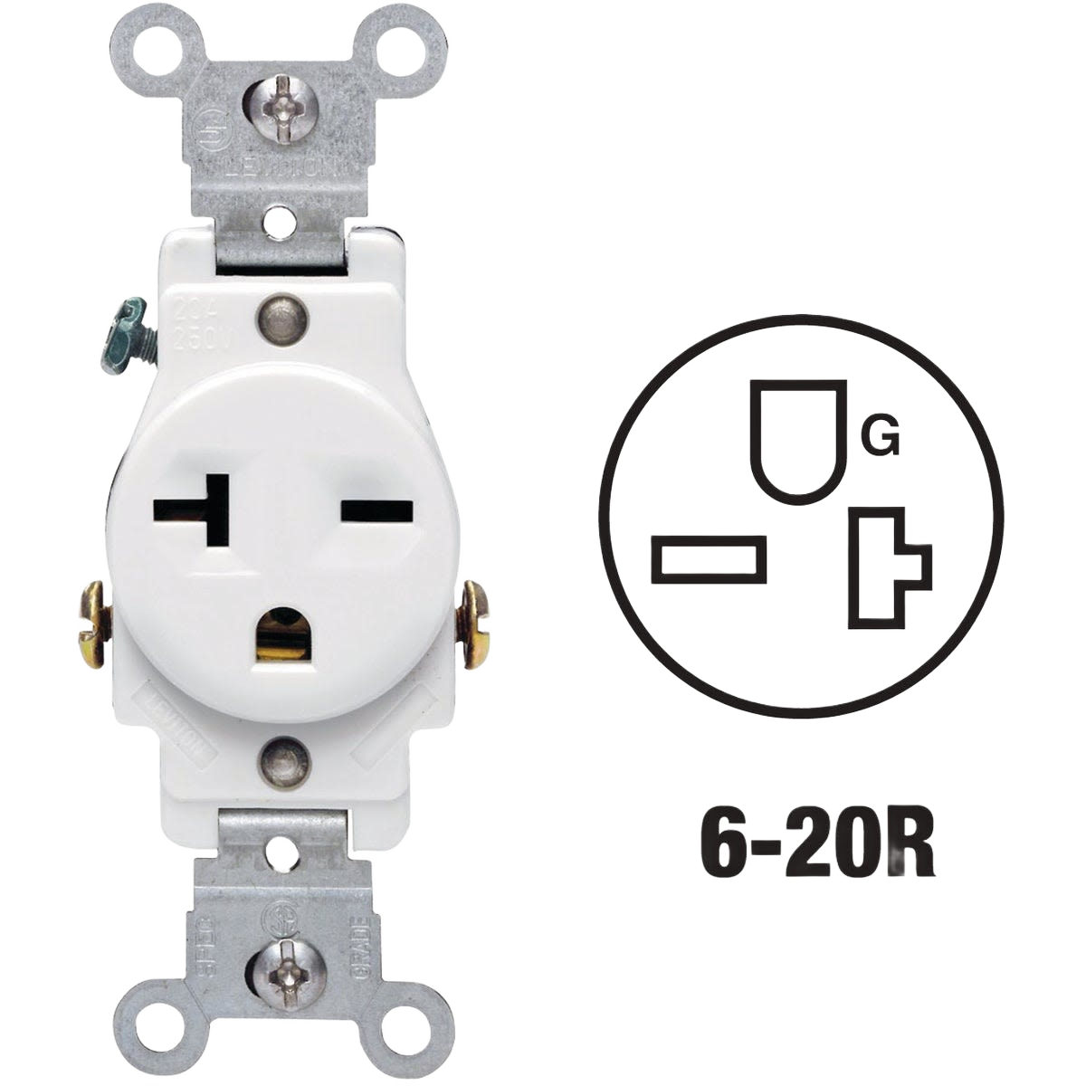 White 20 amp heavy-duty 6-20R grounding electrical outlet with metal mounting brackets for home improvement projects