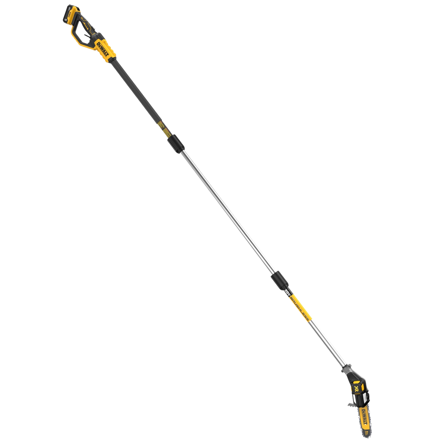 Cordless brushless pole saw with 8-inch bar and chain, featuring an extendable pole, part of Dewalt Outdoor Power tools and home improvement collection.