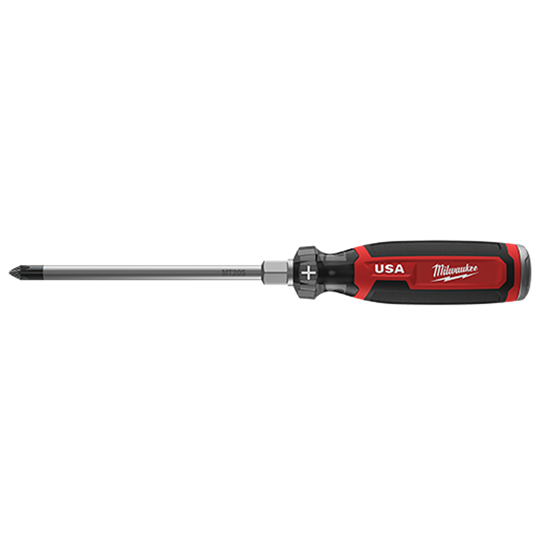 Red and black cushion grip screwdriver with USA label and Phillips #2 tip for tools and home improvement use