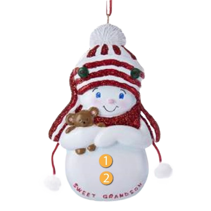Personalized snowboy ornament with white and red striped hat holding a teddy bear in Christmas tree decorations collection