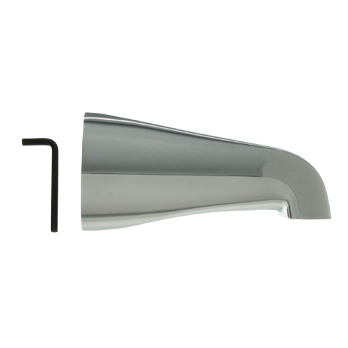 Chrome slip-on bathtub spout without diverter and black hex key for plumbing repair and parts