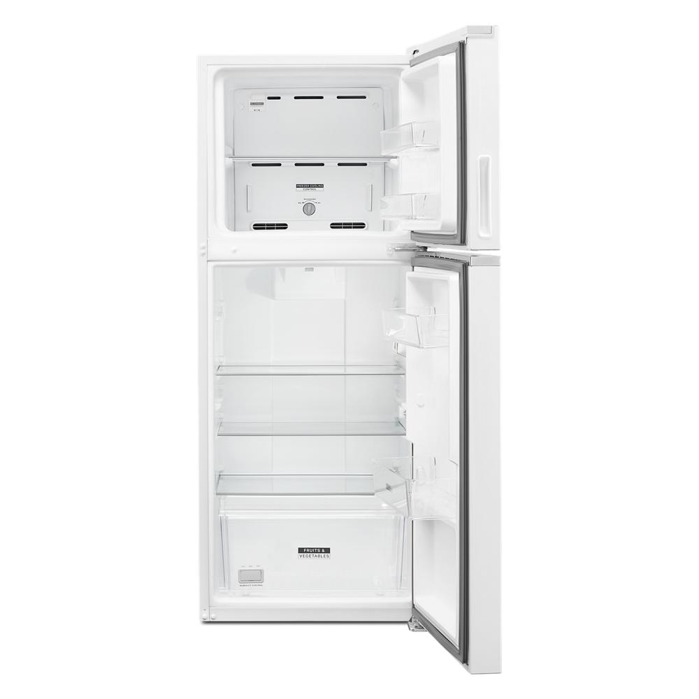 Open white top-freezer refrigerator with visible adjustable shelving and clear crisper drawer in kitchen appliances category