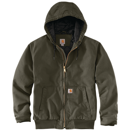 Men's olive heavyweight washed cotton duck jacket with quilted nylon lining, hood, and relaxed fit in outerwear collection