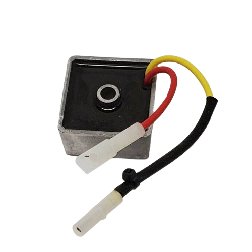 Compact metal regulator component with black, red, and yellow wires for John Deere parts and lubricants collection under $100