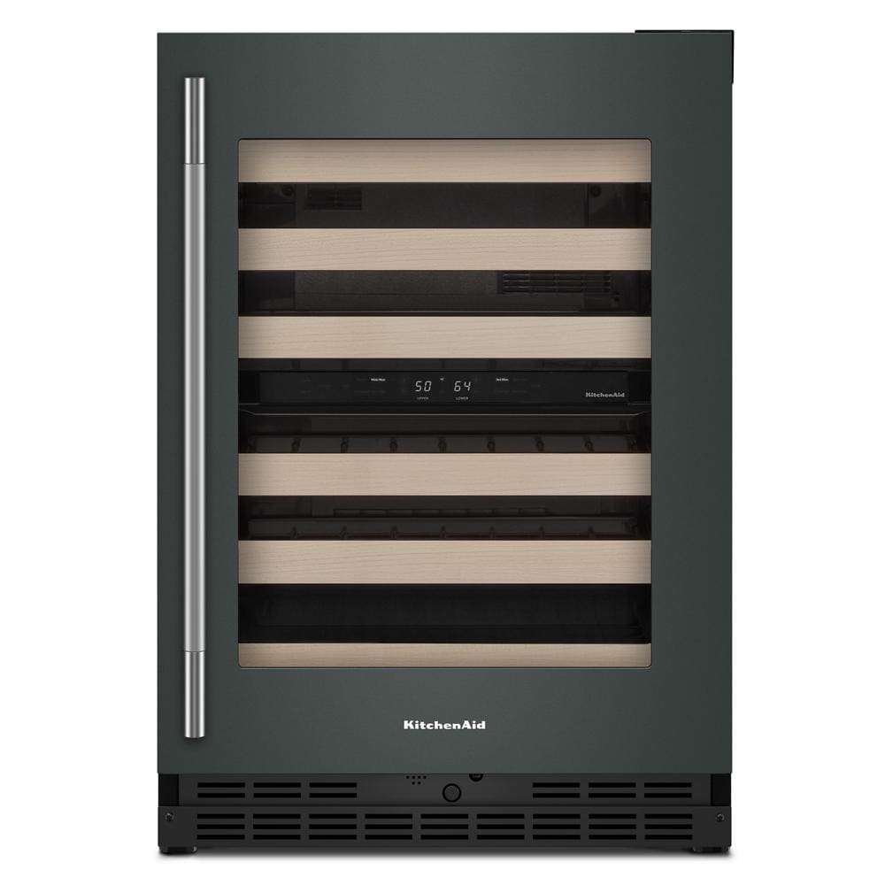 Black undercounter wine cellar featuring full-extension wood-front racks and digital temperature controls from KitchenAid Appliances collection