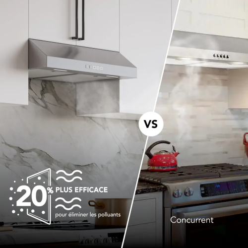 side-by-side kitchen scenes comparing under-cabinet range hood ventilation efficiency for home improvement tools