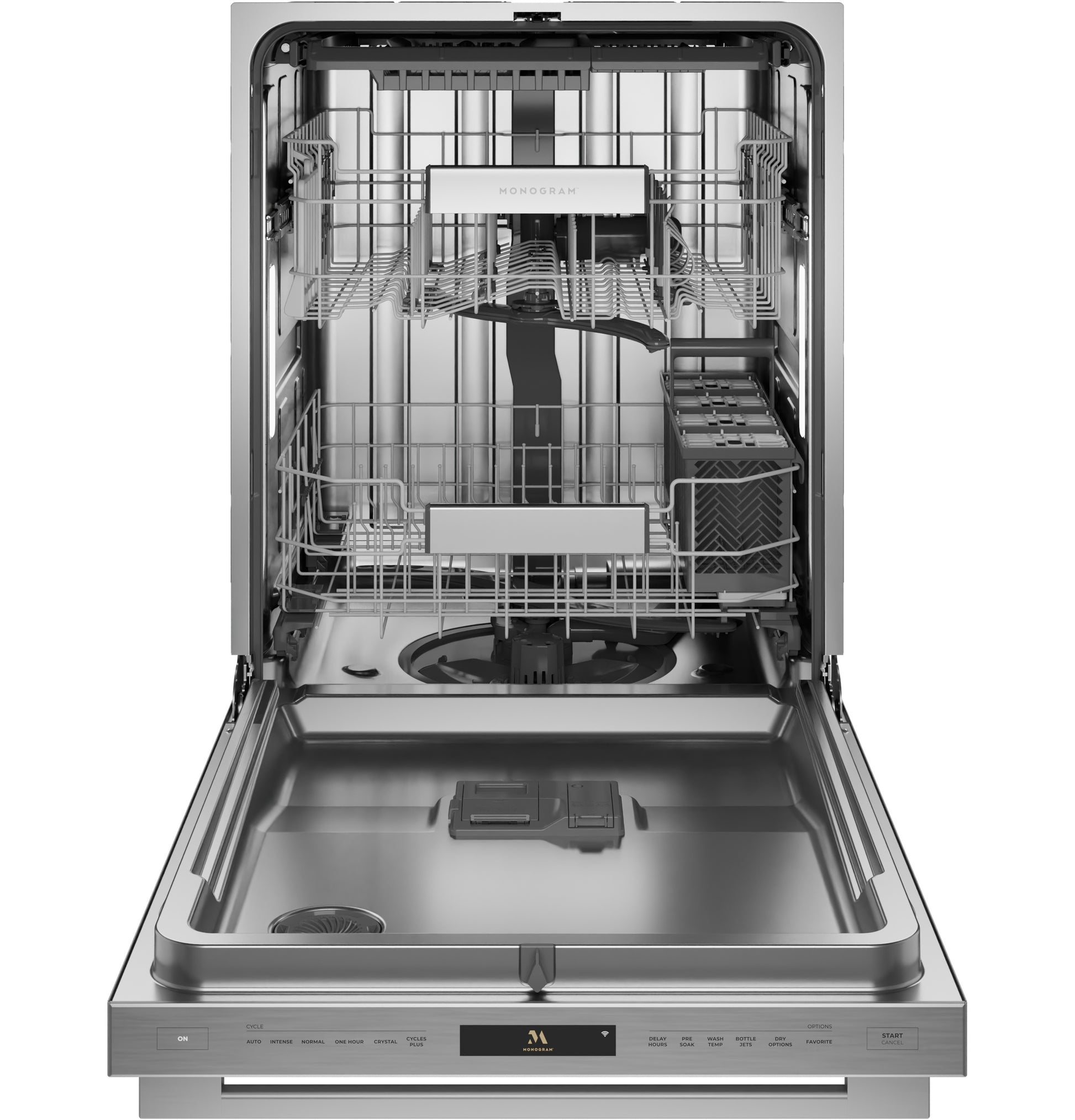 Open Monogram stainless steel built-in dishwasher with empty adjustable racks from dishwashers and kitchen appliances collection