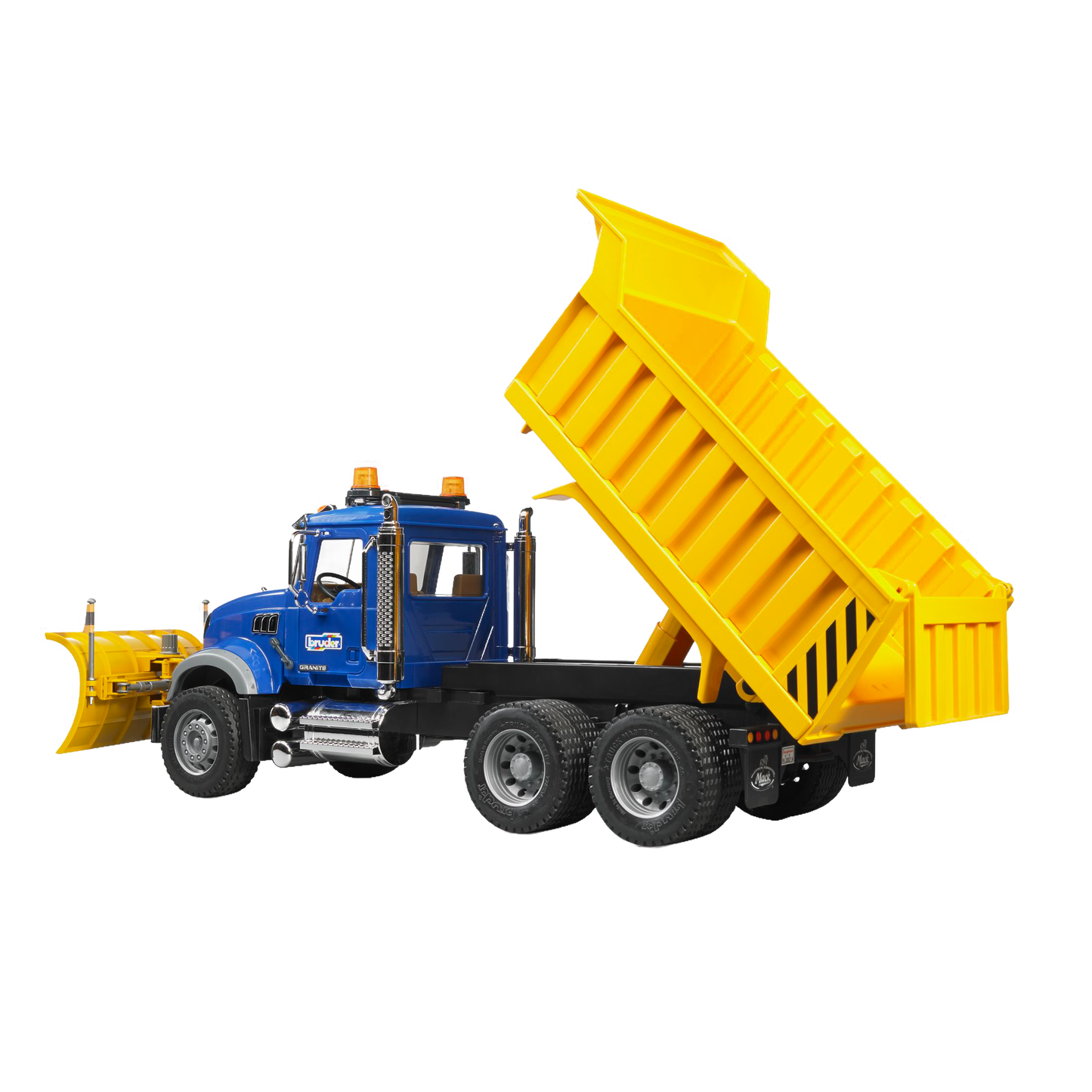 Blue and yellow Bruder Toys 1:16 scale Mack Granite dump truck with plow, part of Vehicles & Remote Controlled Toys collection