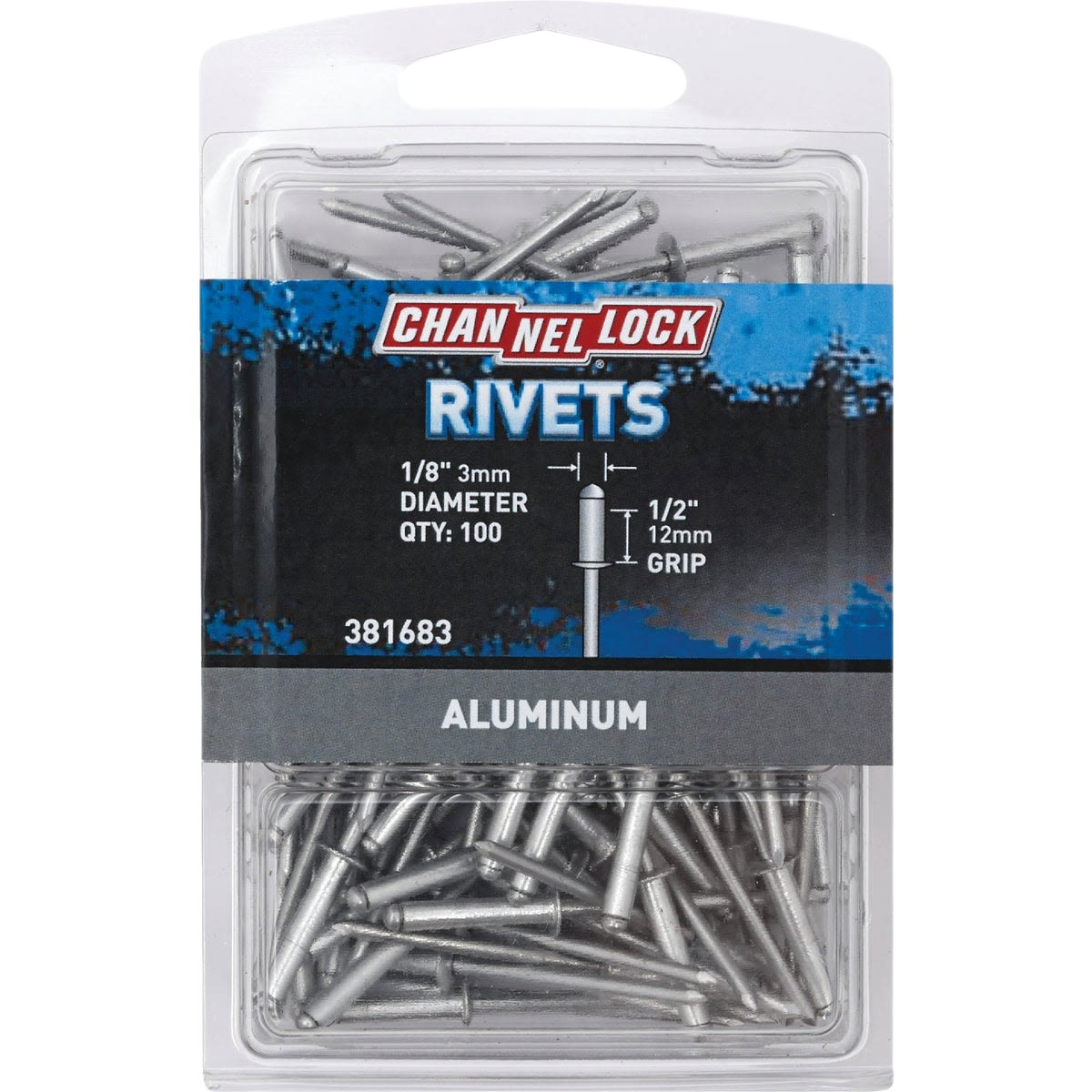 Pack of 100 aluminum multi-grip rivets with 1/8 inch diameter and 1/2 inch grip for tools and home improvement projects