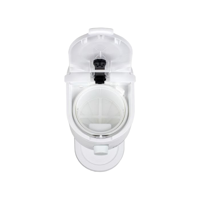 Top view of white iced tea maker with open lid and mesh filter for brewing beverage preparation