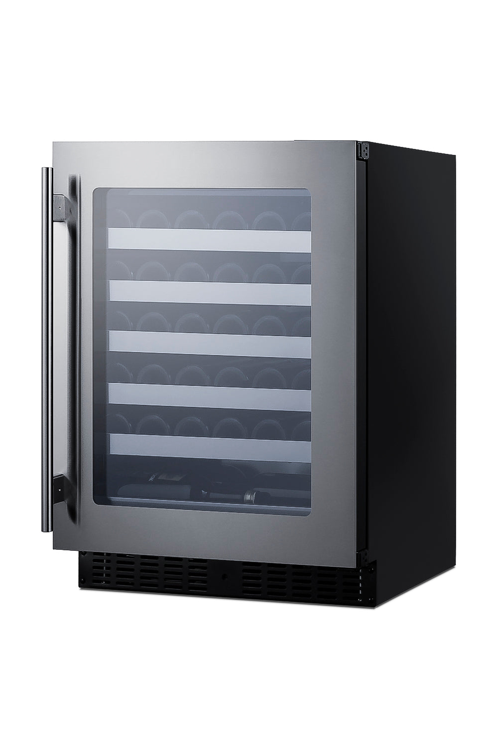 Modern 24-inch built-in wine cellar with stainless steel frame, glass door, and multiple internal shelves in beverage centers collection