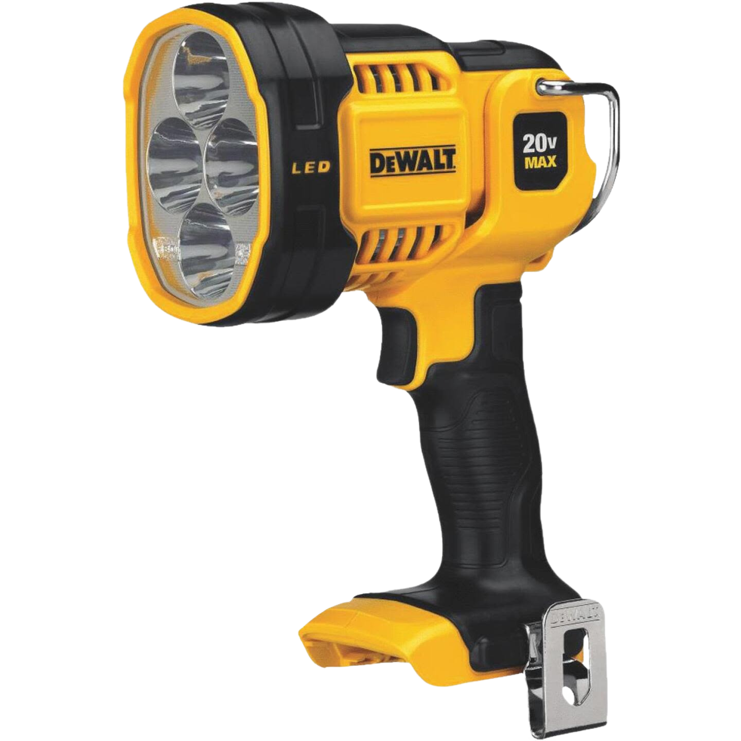 Cordless yellow and black DEWALT 20V MAX lithium-ion LED portable spot light for tools and home improvement tasks