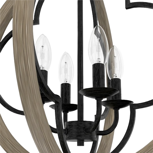 Four-light pendant featuring French oak rings and rustic iron candle-style bulb holders for elegant home lighting