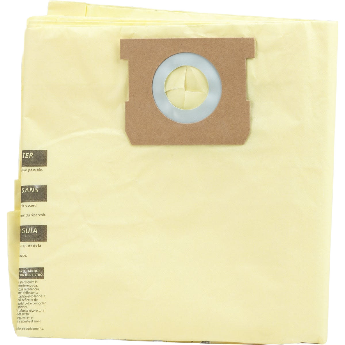 Yellow vacuum filter bag with cardboard collar and circular opening for efficient dust collection in home improvement tasks