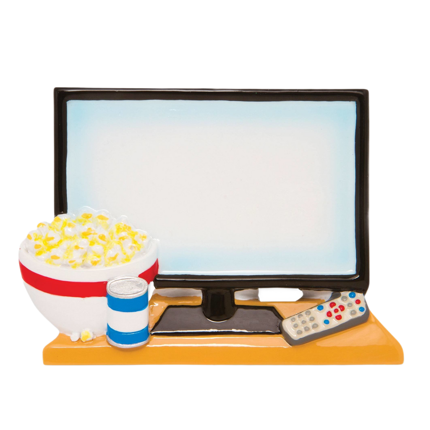 Ornament featuring a large TV screen with popcorn bowl, soda can, and remote from Christmas Ornaments collection