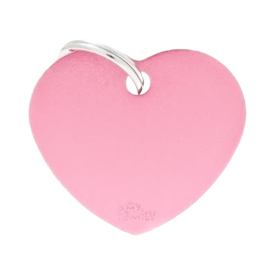 Large pink heart-shaped pet ID tag with metal ring for attachment featuring subtle embossed branding