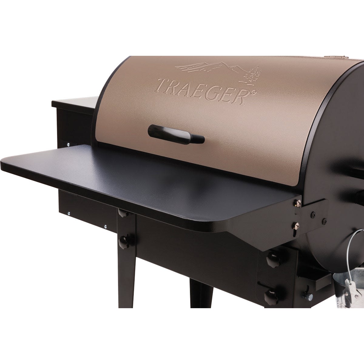 Matte black folding steel shelf attached to outdoor grill for extra prep space in grilling accessories collection