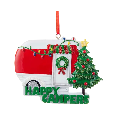 Red and white camper ornament with Christmas wreath, decorated tree, and green Happy Campers text for holiday décor