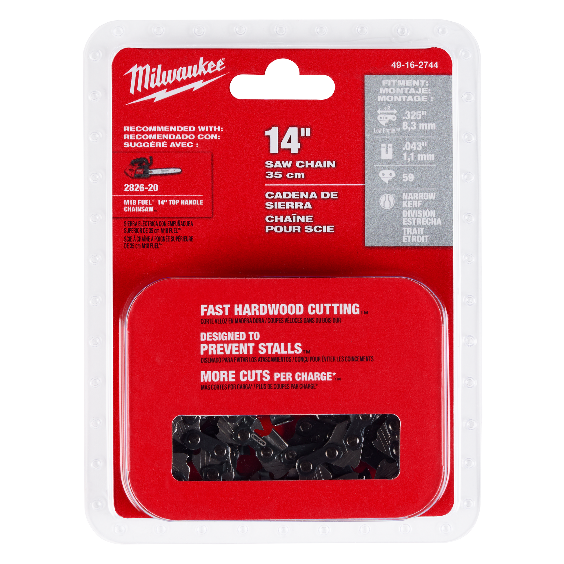 Milwaukee 14-inch saw chain packaged in plastic with red and gray label for hardwood cutting and tool use