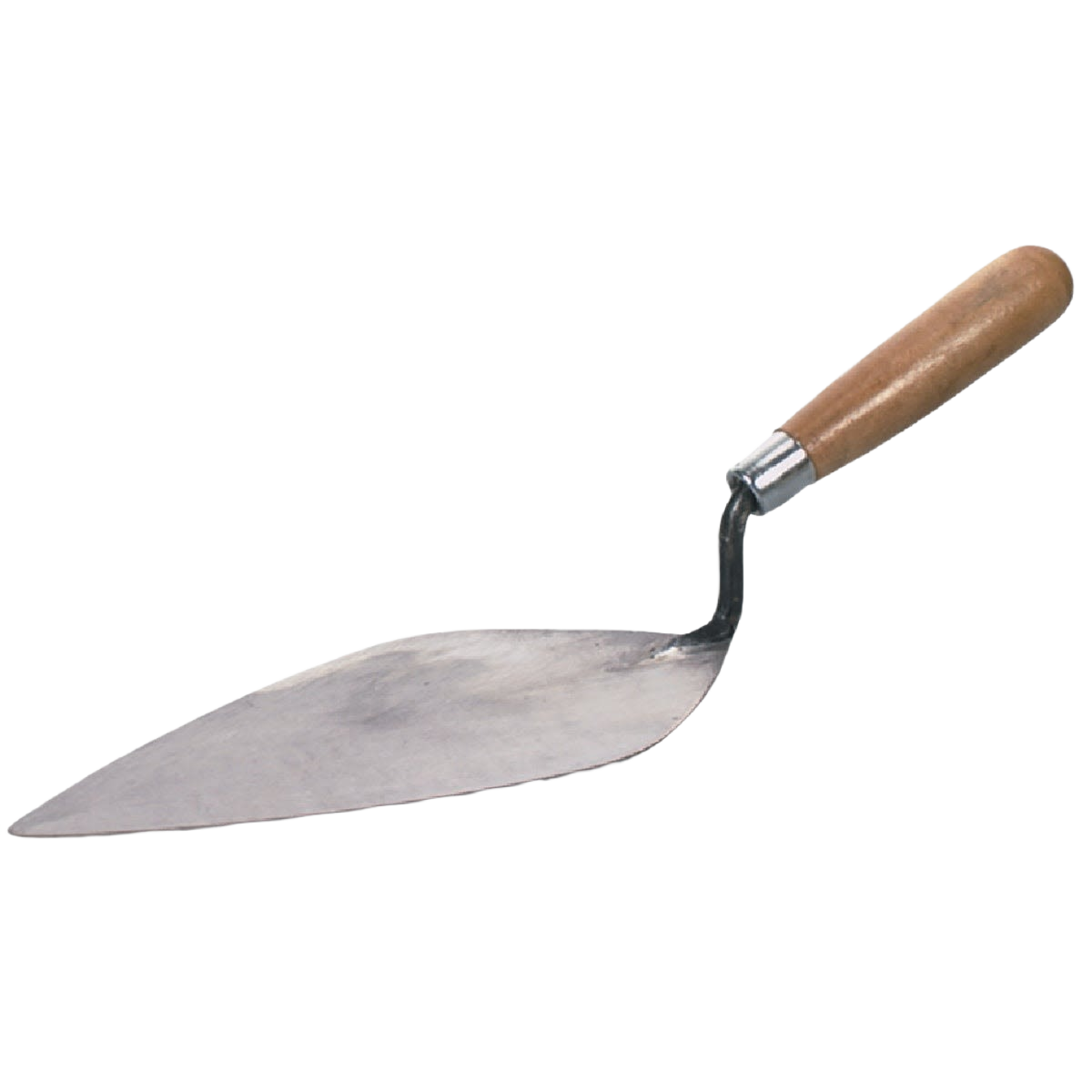 Pointed brick trowel with hardwood handle and metal blade for masonry and home improvement tasks