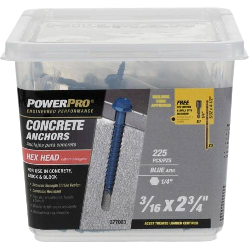 Plastic container of blue hex head concrete screw anchors for hardware, fasteners, and lumber building materials collections under $100