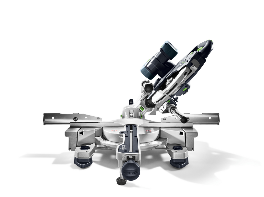 Cordless compound miter saw with sliding guide rail for precise crosscuts in woodworking and power tool projects
