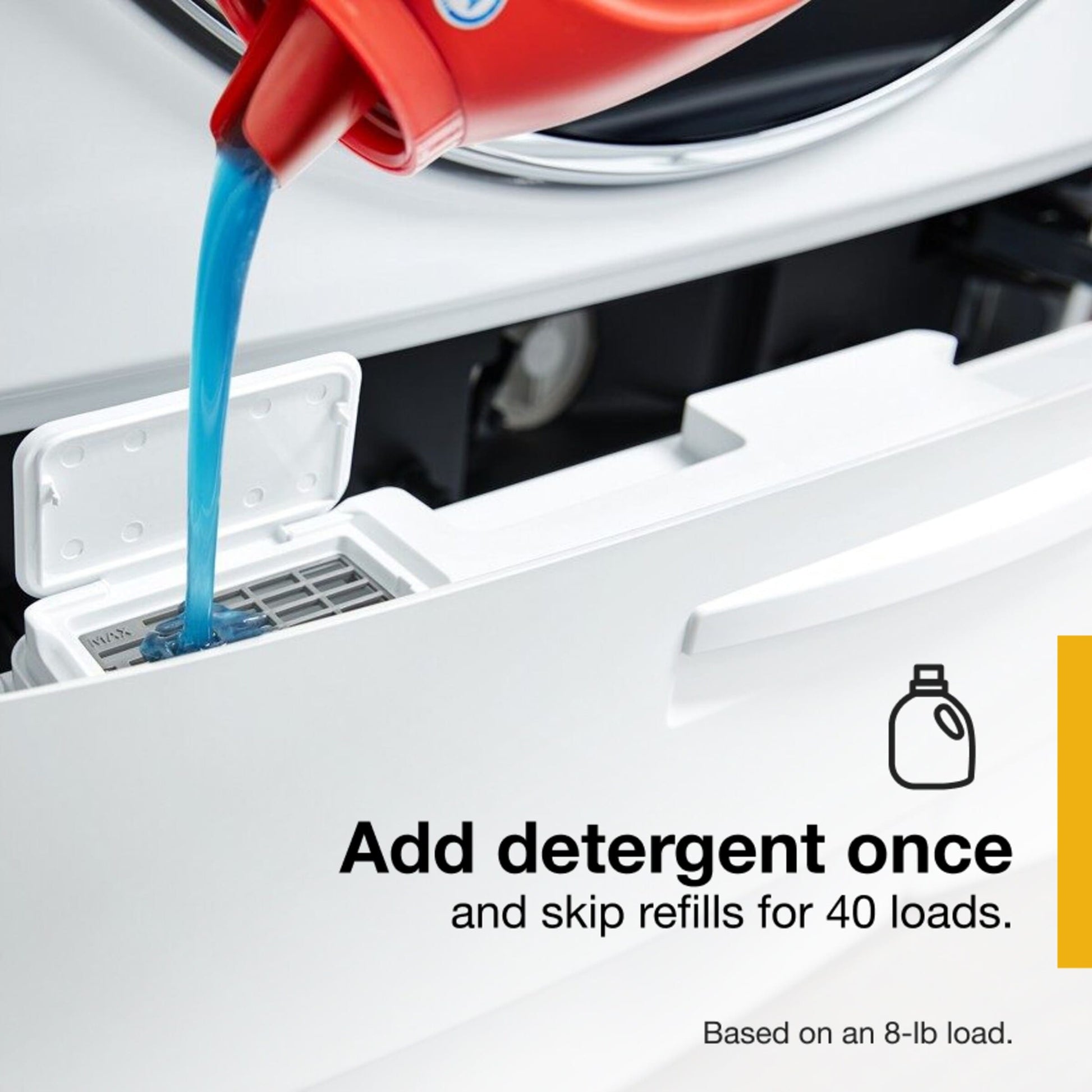 Blue liquid detergent being poured into the XL detergent dispenser of a front load washer in the appliances collection