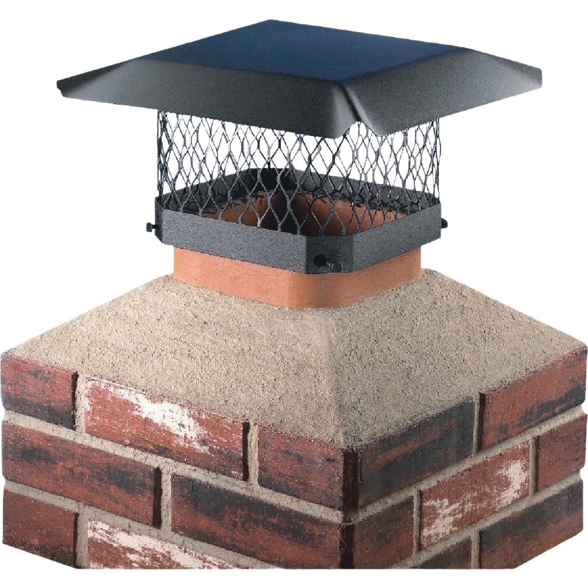 Black steel chimney cap with mesh screen mounted on brick chimney for plumbing and home improvement projects under $100 collections