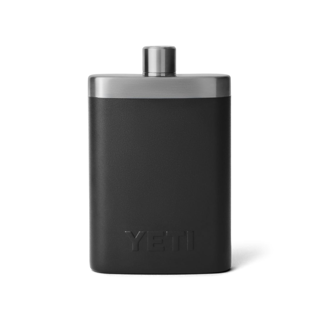 Matte black metal flask with silver top, embossed logo, designed for drinkware and kitchenware collections under $100