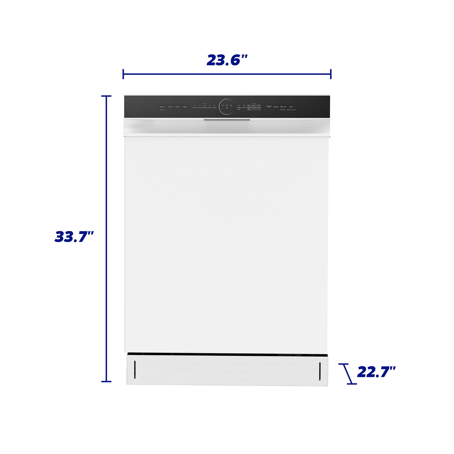 White front control hybrid dishwasher with digital display showing dimensions in Dishwashers and Appliances collections