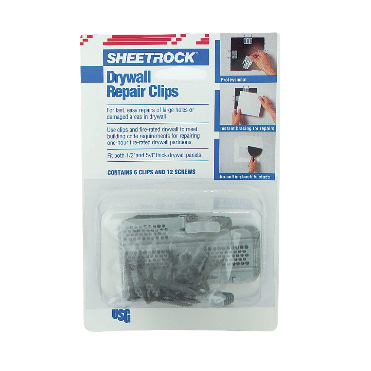 Package of metal drywall repair clips and screws designed for quick home improvement patching projects